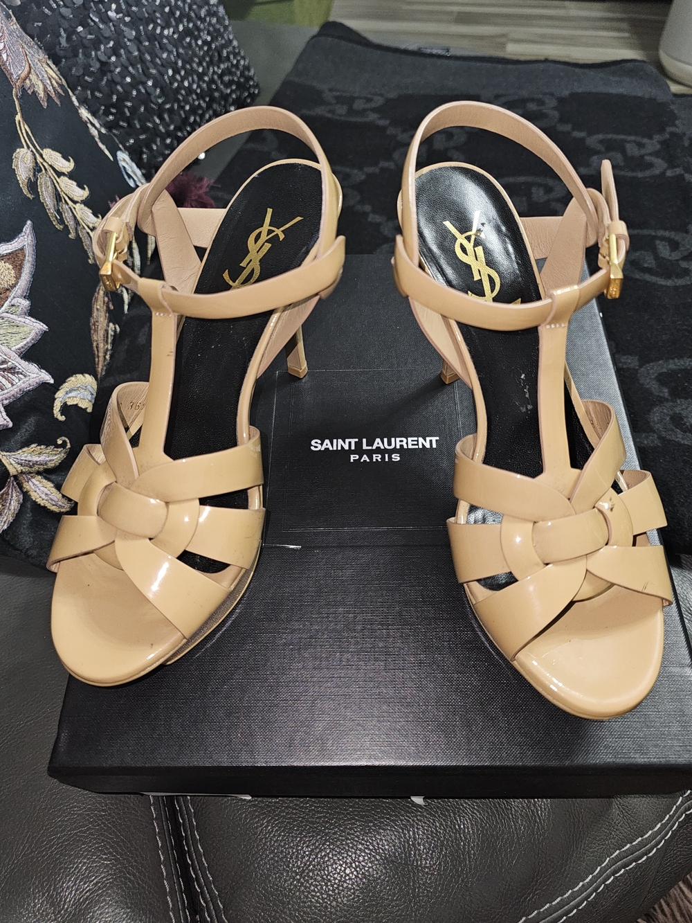 YSL Saint Laurent TRIBUTE Beige Patent Leather Platform Sandals 36.5